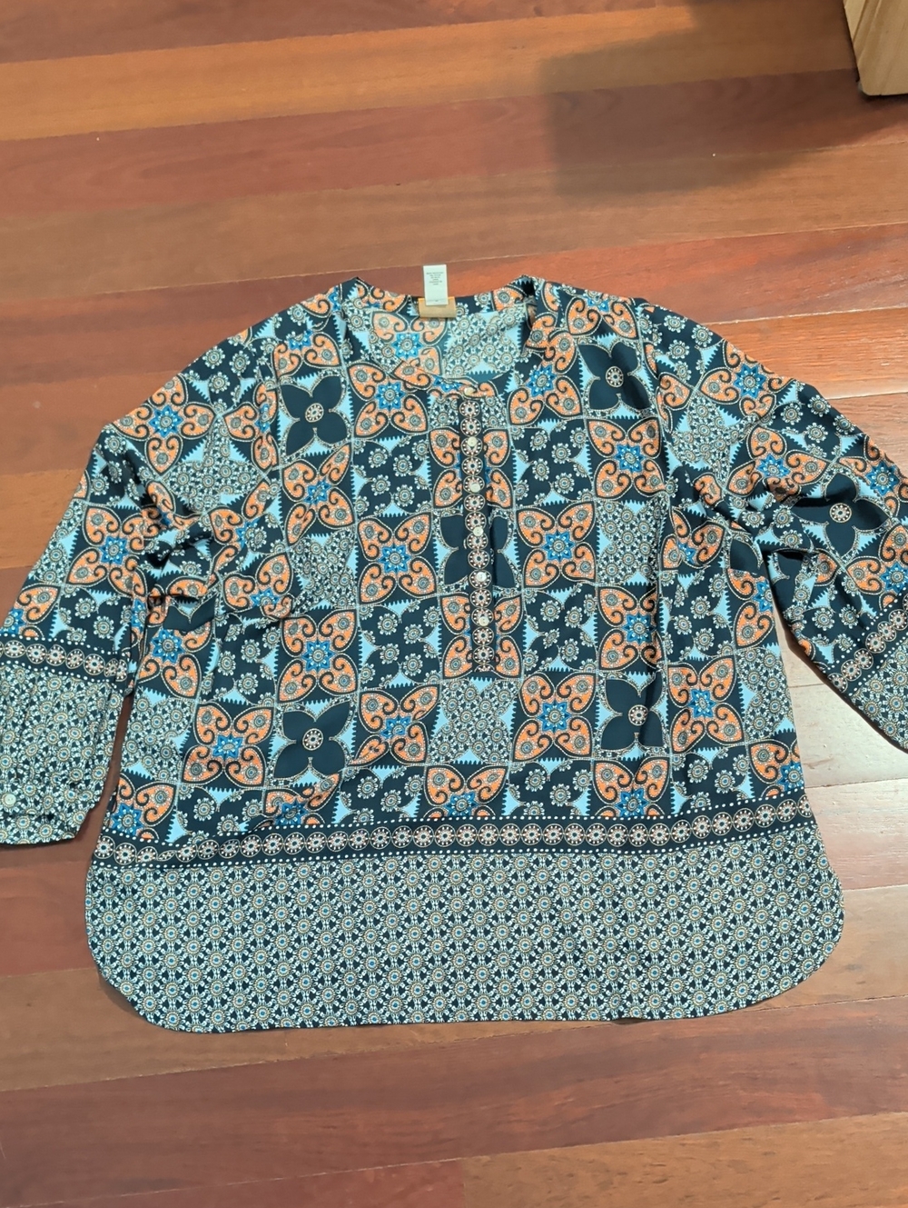 Boho Mixed Print Ruby Rd Blouse in Navy, Light Blue & Orange